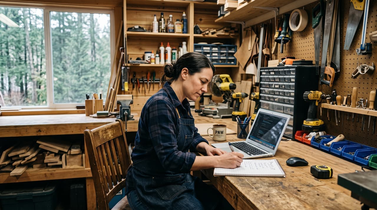 A business owner at a workbench with a laptop, writing notes on a pad