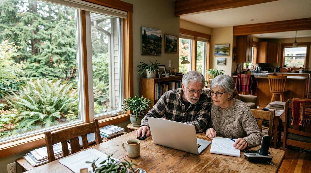 An older couple at their dining table reading answers on a laptop before they call a contractor