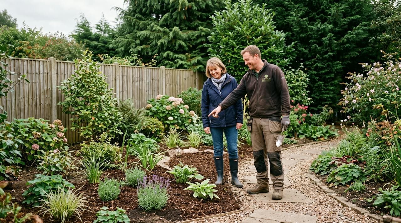 A landscaper showing a homeowner a newly planted garden bed in her backyard
