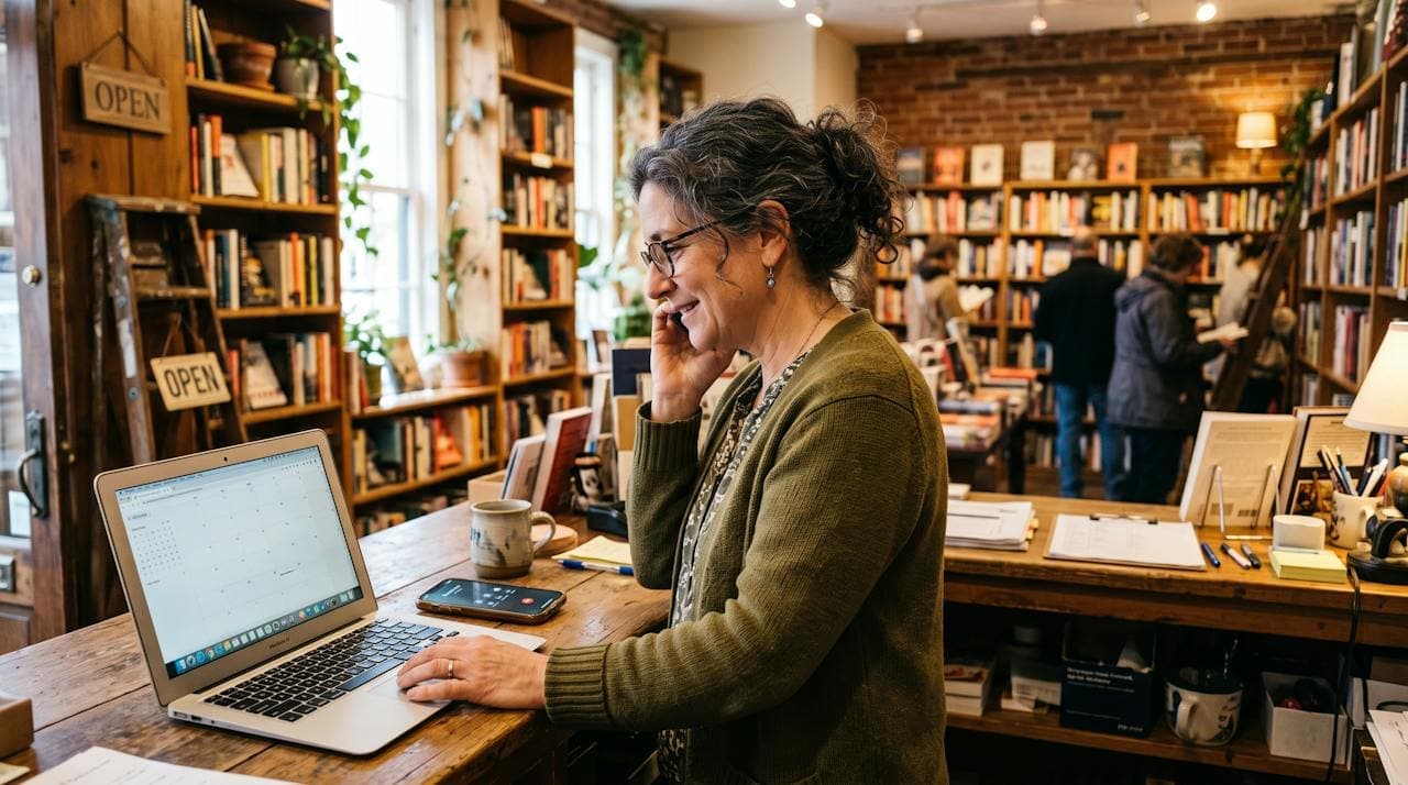 A shop owner listening calmly to a call on speaker with her calendar open on a laptop