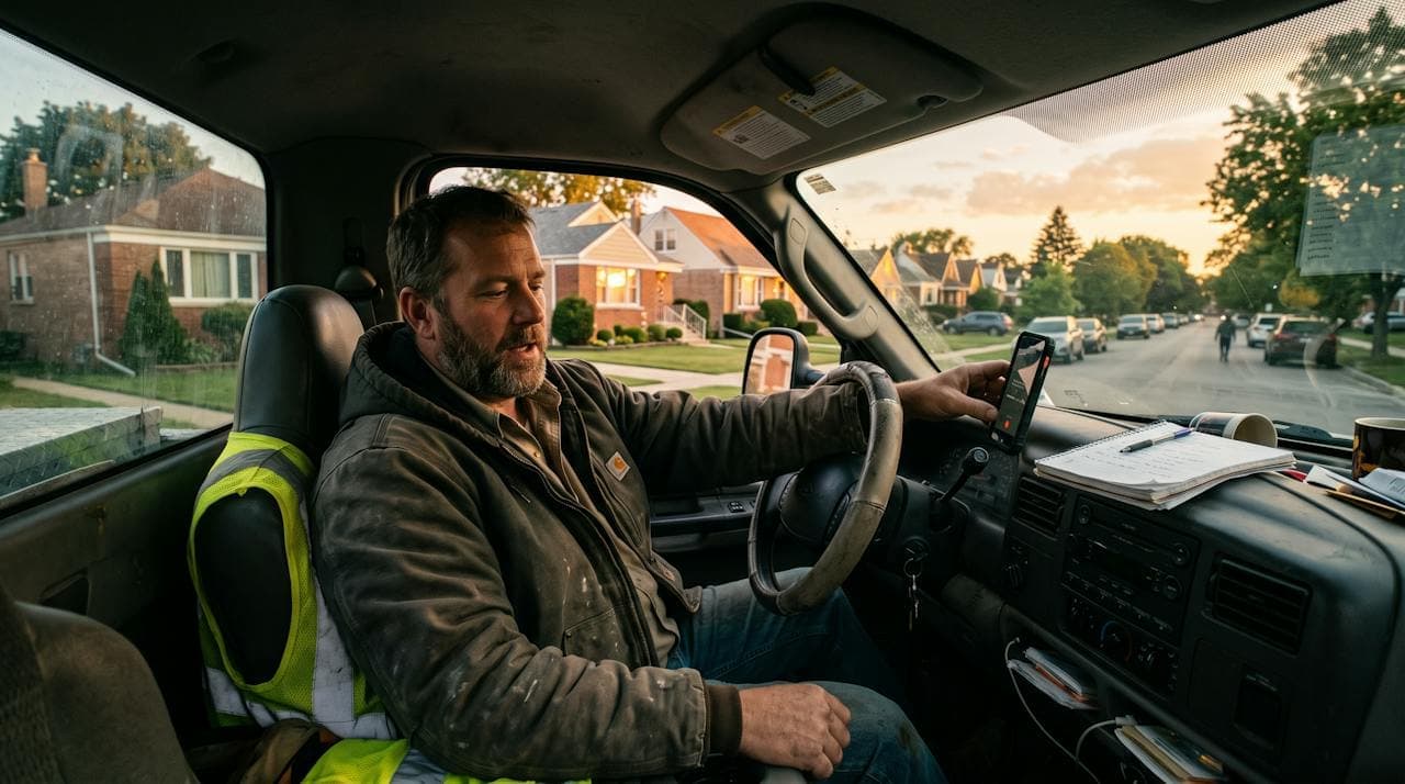 A contractor in his truck at sunset testing a phone call on speaker with a checklist on the dashboard