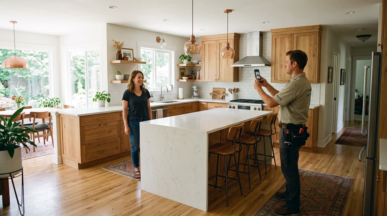 A contractor photographing a finished kitchen renovation while the homeowner looks on