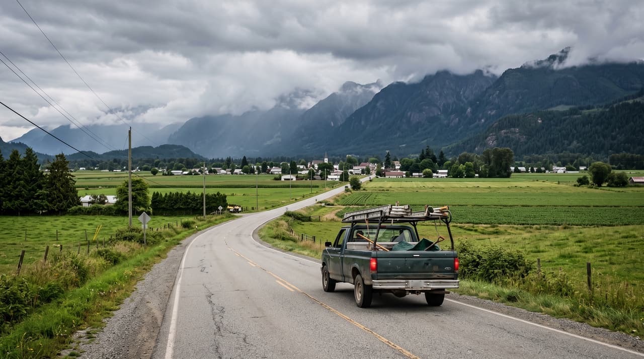 A work truck on a Fraser Valley road with mountains behind