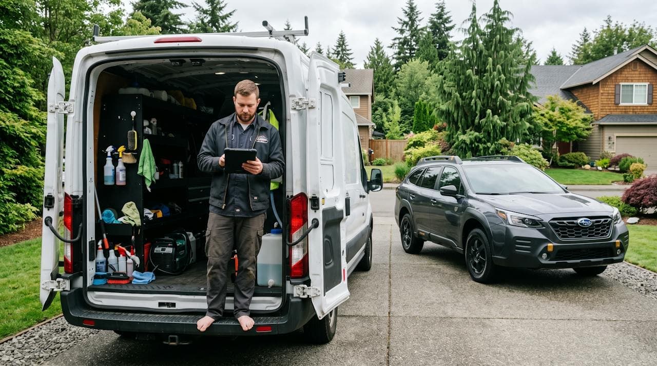 A mobile detailer in the open door of his van with a tablet while a customer's SUV waits in the driveway