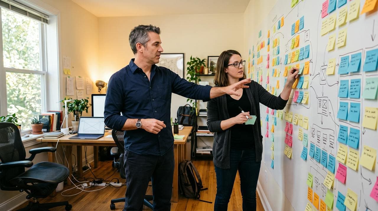 A business owner and a web designer mapping out pages on a wall of sticky notes