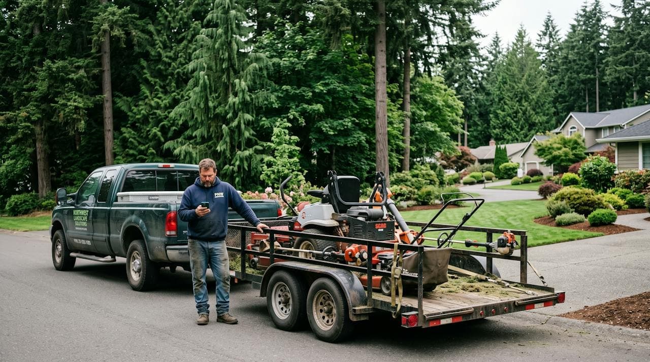 A landscaper beside his truck and equipment trailer at the end of a job, checking Google Maps on his phone