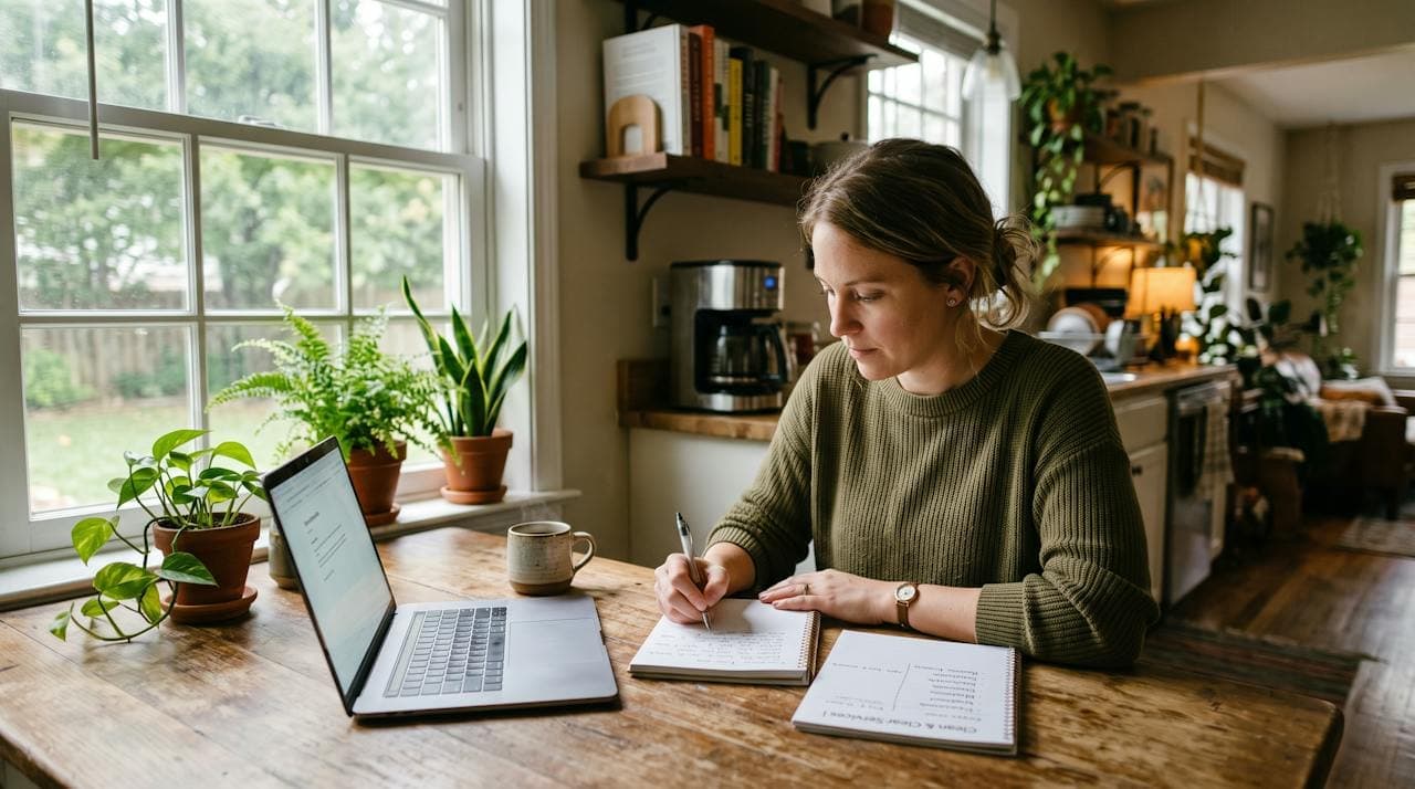 A cleaning business owner at her kitchen table writing down her services and the towns she covers