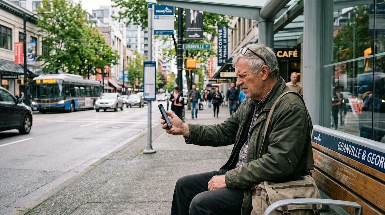 An older man on a downtown bus bench holding his phone at arm's length to read small text