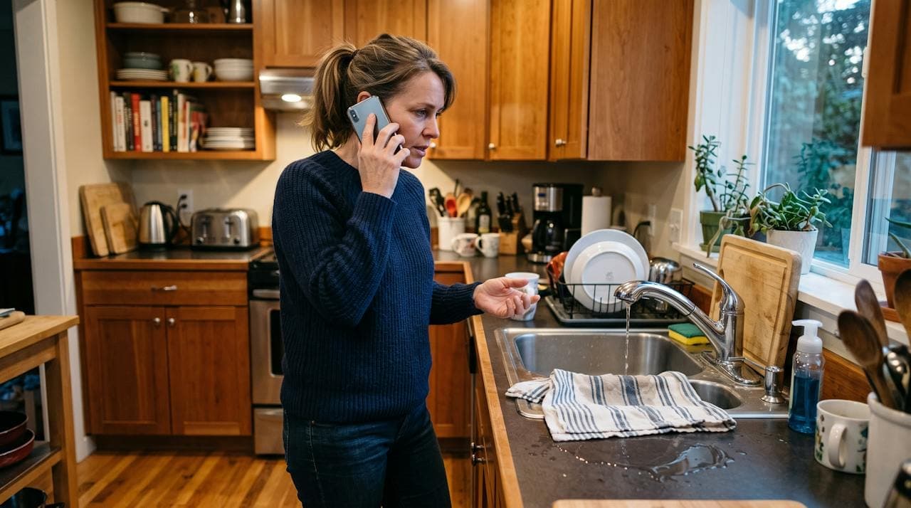 A homeowner in her kitchen calling a local company about a leaking tap