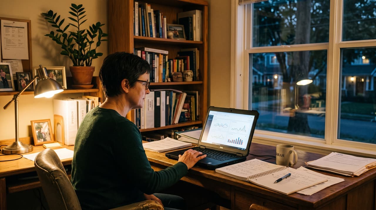 A cleaning company owner at her home office desk in the evening, looking at simple charts on a laptop