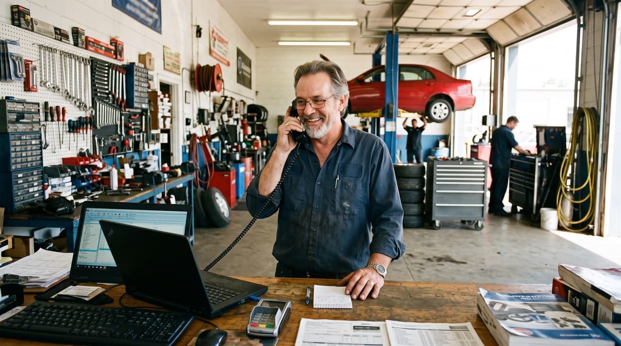 An auto repair shop owner smiling as he answers the phone at his front counter, a car on the lift behind him