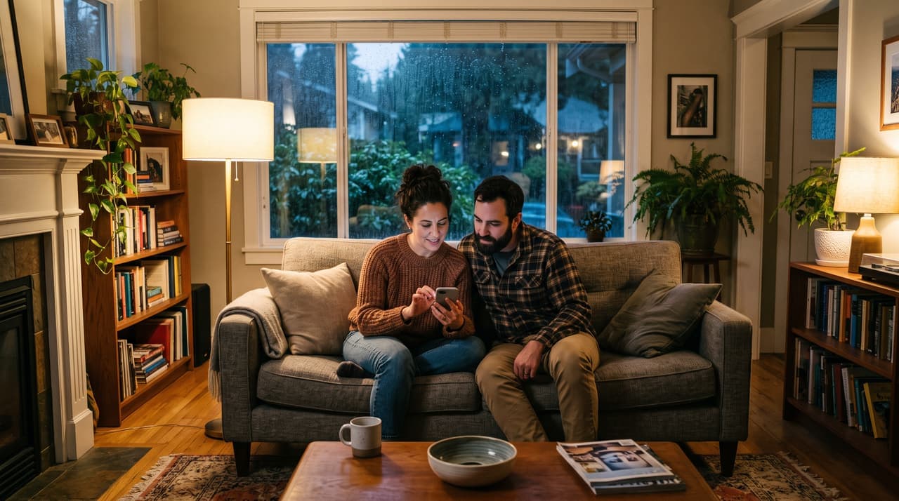 A couple on their living room couch comparing local contractors on a phone, rain on the window behind them