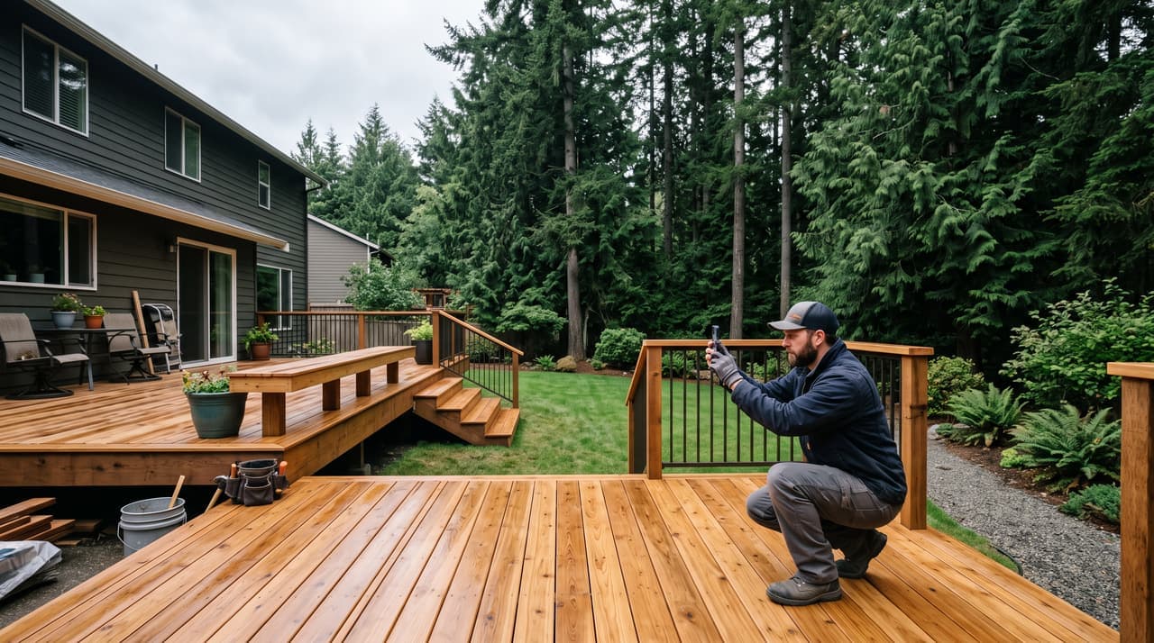A contractor crouching to photograph a newly finished cedar deck in a backyard with evergreens behind