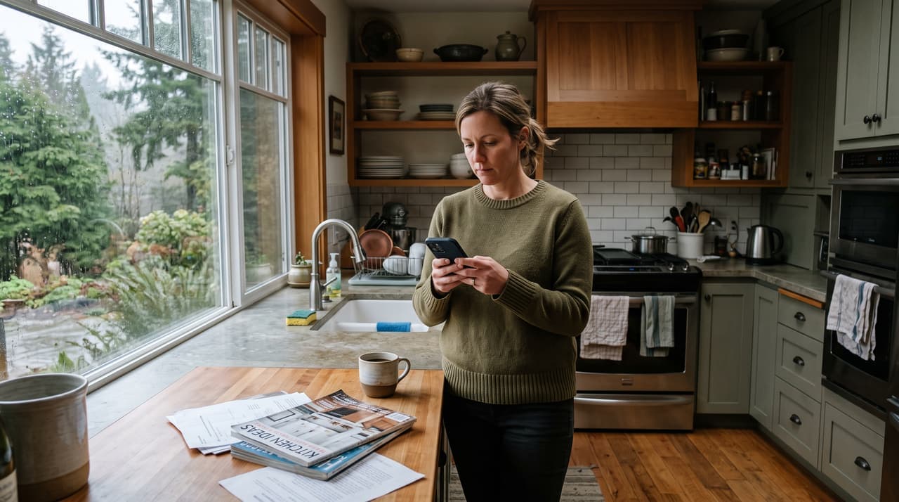 A homeowner standing in her kitchen looking at her phone, deciding whether to call