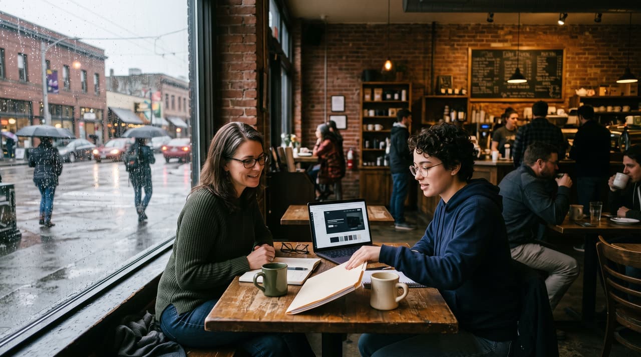 A web designer handing a business owner a folder across a cafe table, a rainy street outside