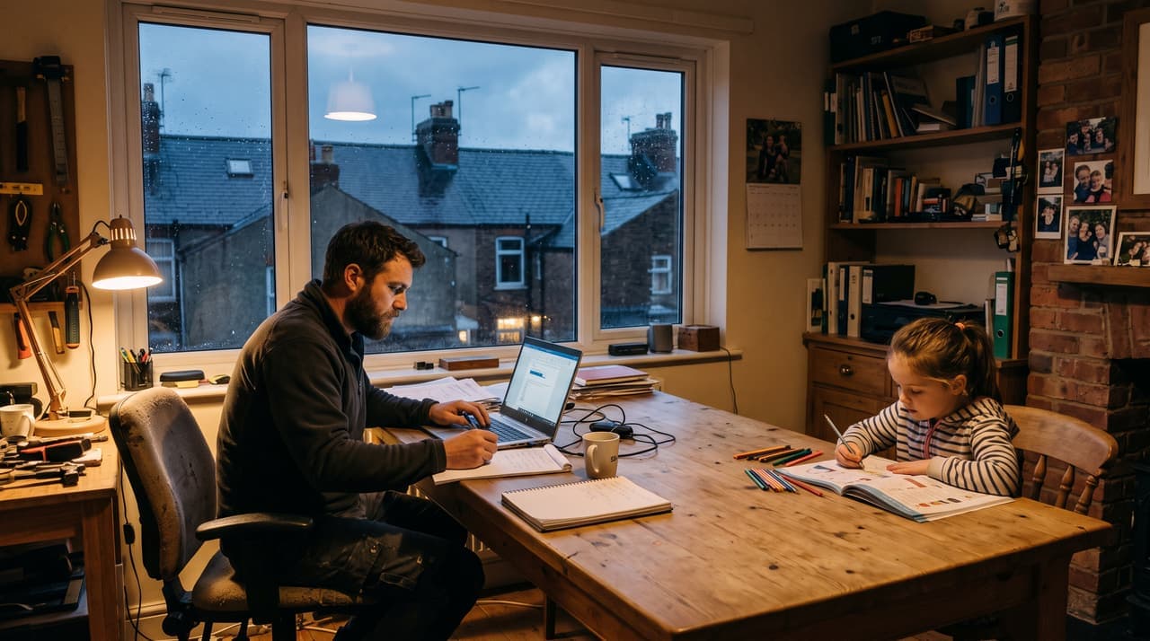 A tradesman working on a laptop at a home office table in the evening while his daughter does homework