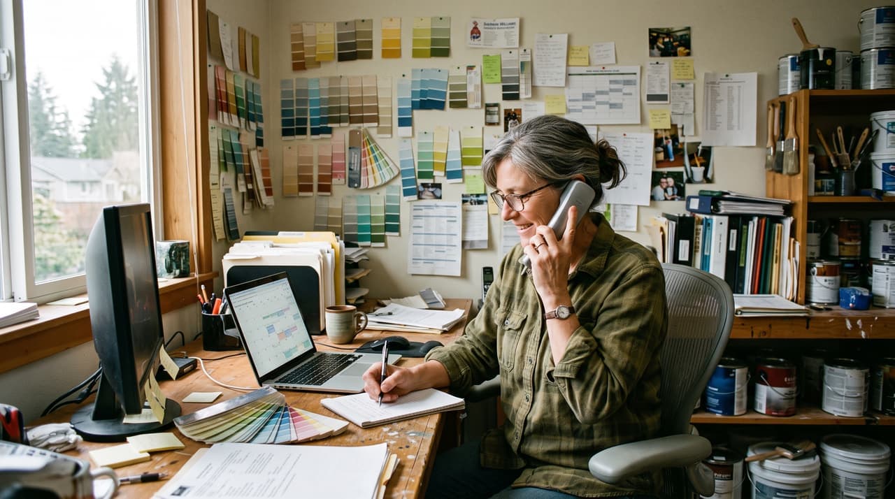 A painting company owner on the phone with a customer, booking the job on her laptop calendar