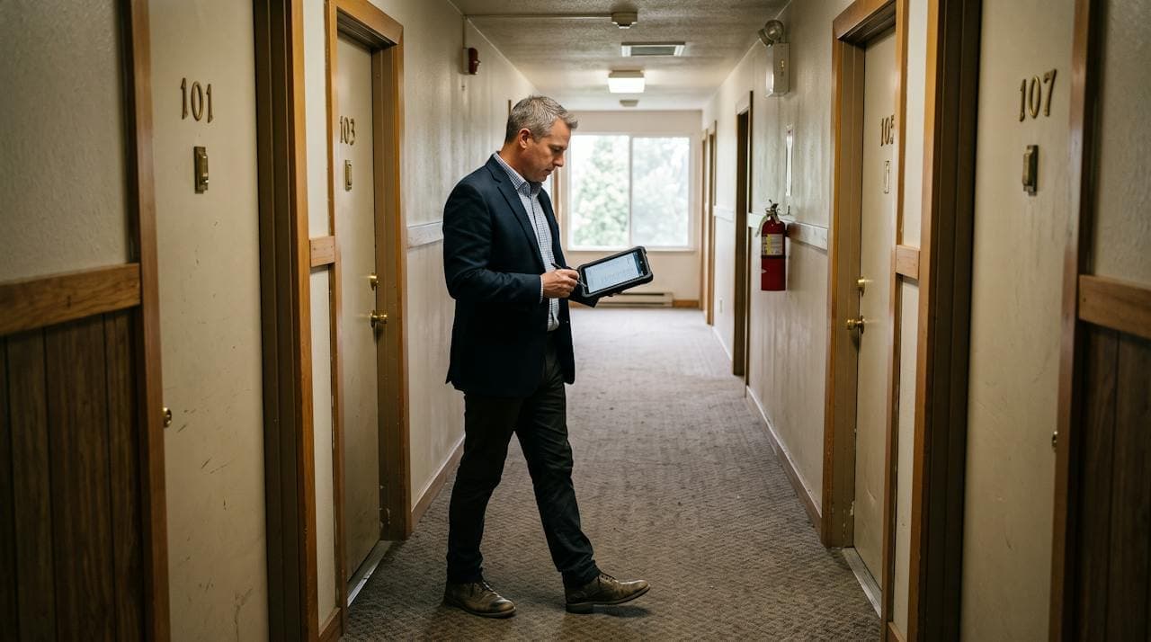 A property manager walking the hallway of a small apartment building with a tablet