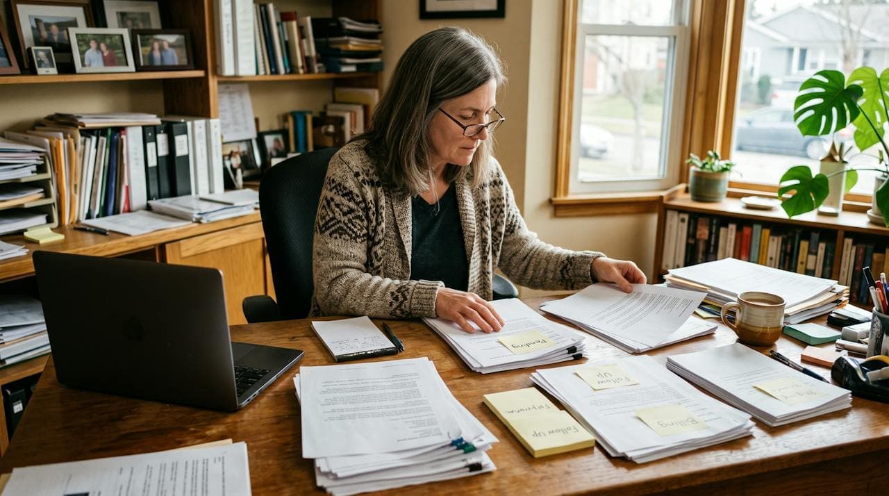 A business owner at her desk sorting printed customer emails and phone notes into piles