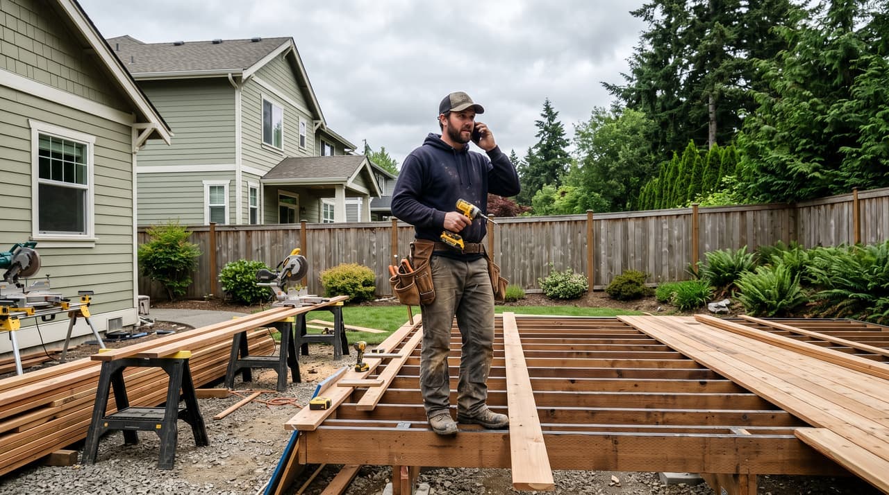 A contractor on a half-built backyard deck, on the phone with a drill in hand