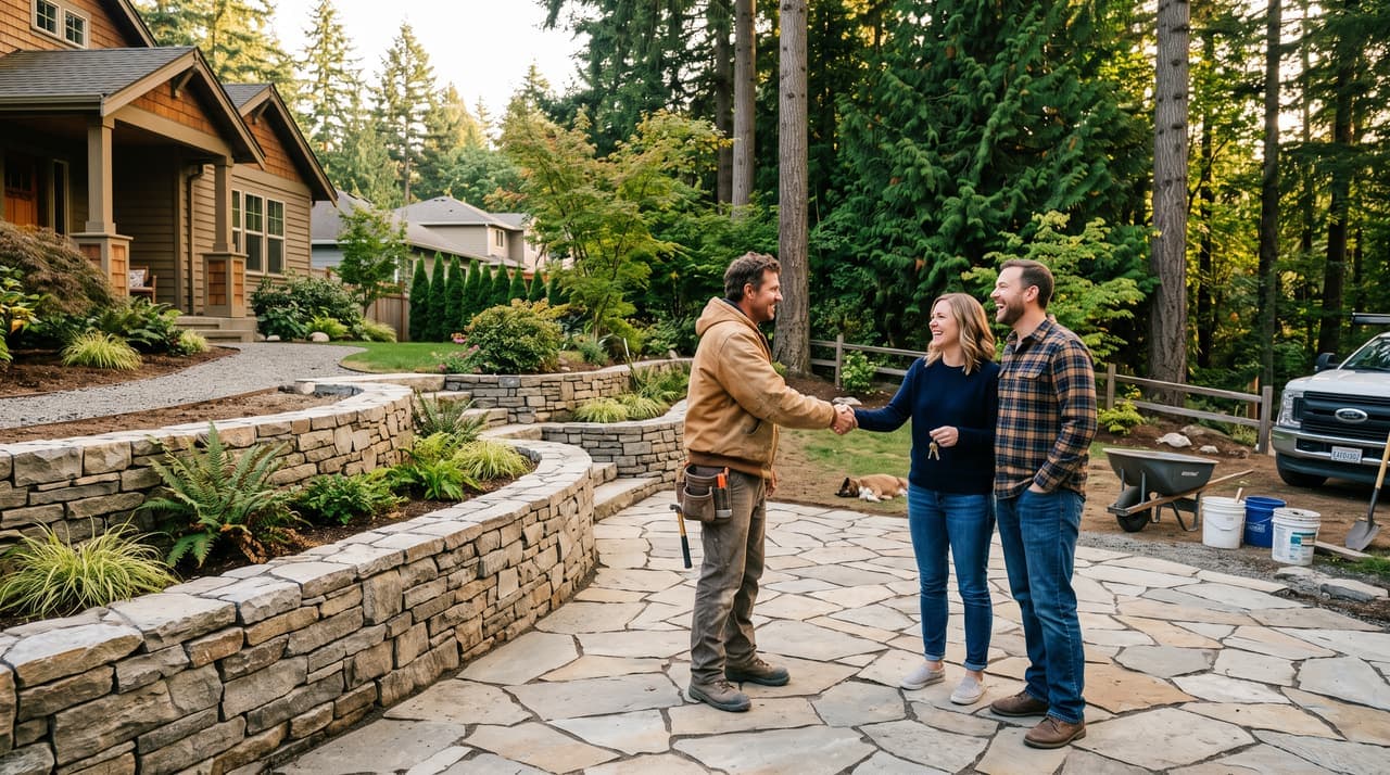 A contractor shaking hands with homeowners in front of a finished stone patio