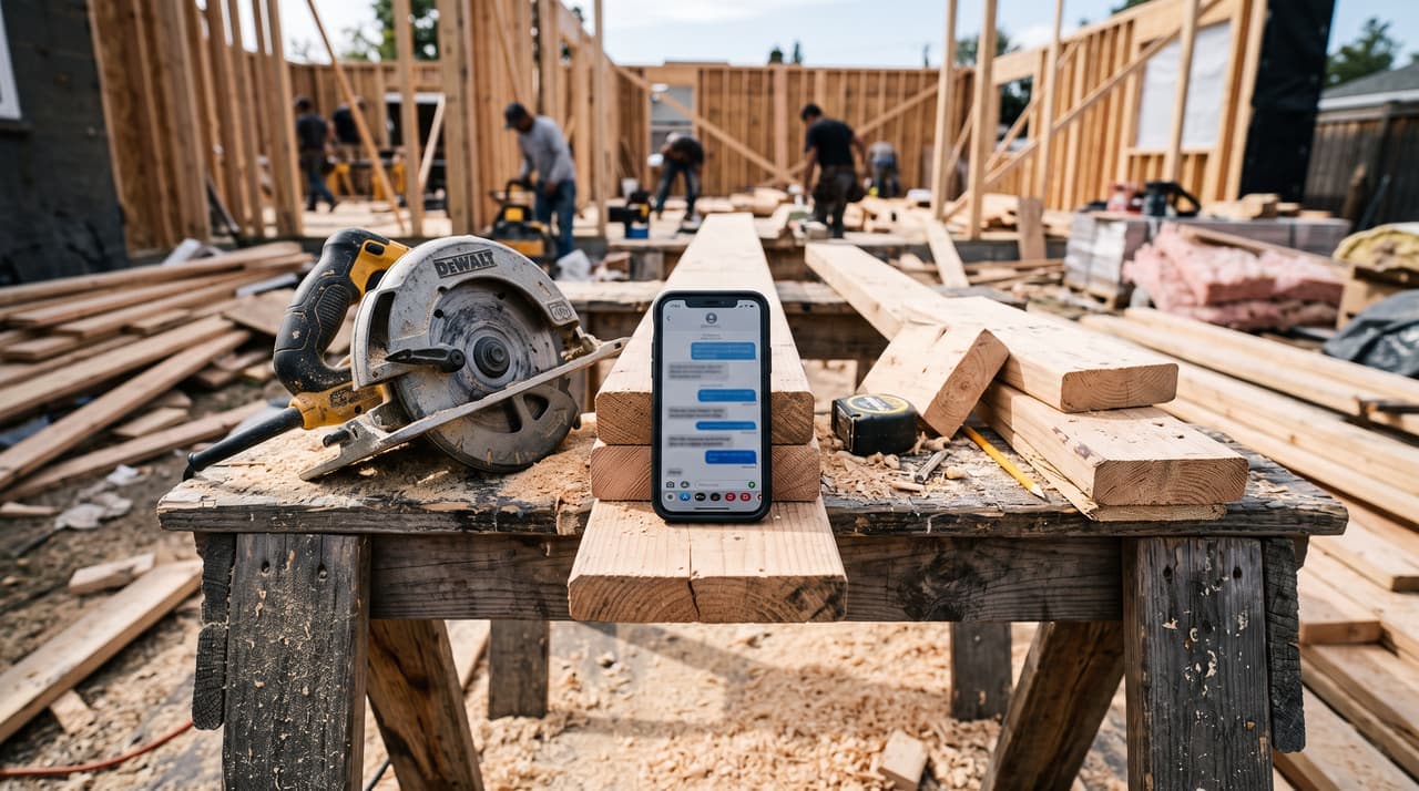 A phone on a sawhorse at a framing job, showing a text conversation
