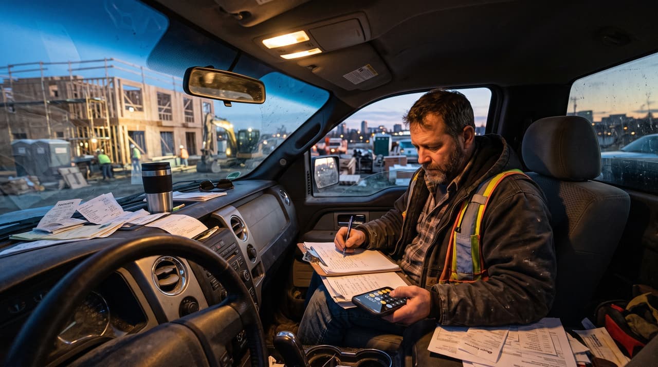 A contractor doing estimates and receipts in the cab of a truck at dusk