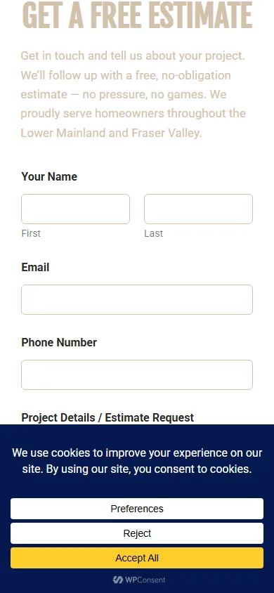 The old estimate form on a phone, half covered by a cookie banner