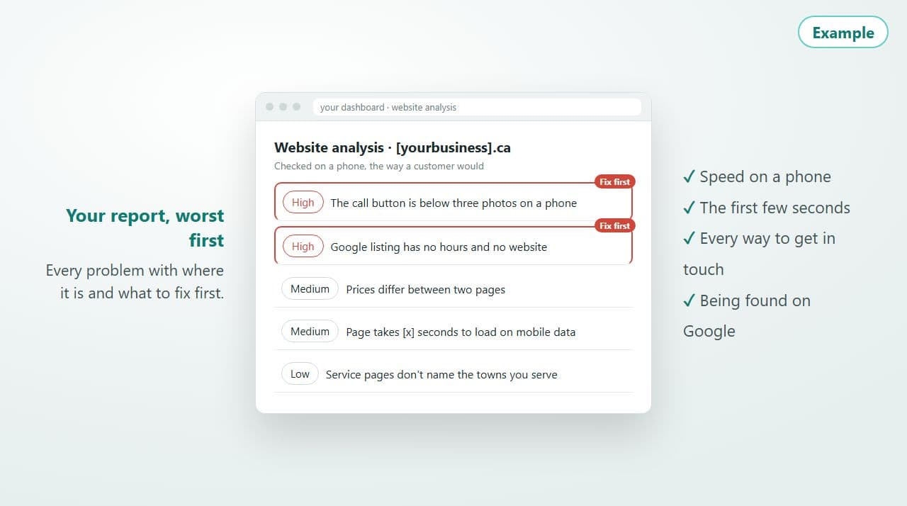 An example website analysis report: problems listed worst first, the top two marked fix first