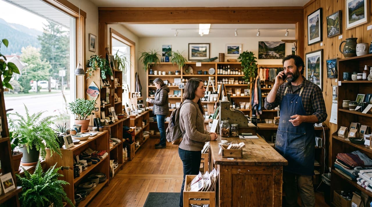 A shop owner on the phone behind the counter while a customer waits