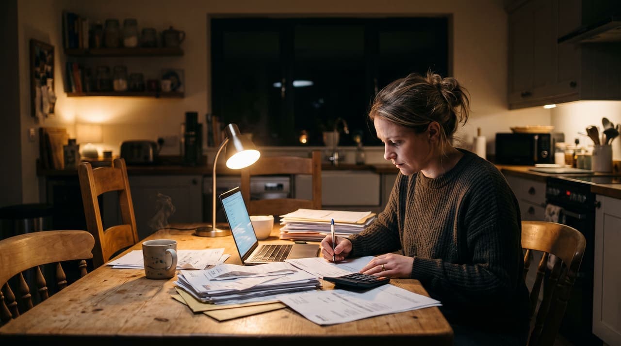 A business owner doing invoices at the kitchen table late at night