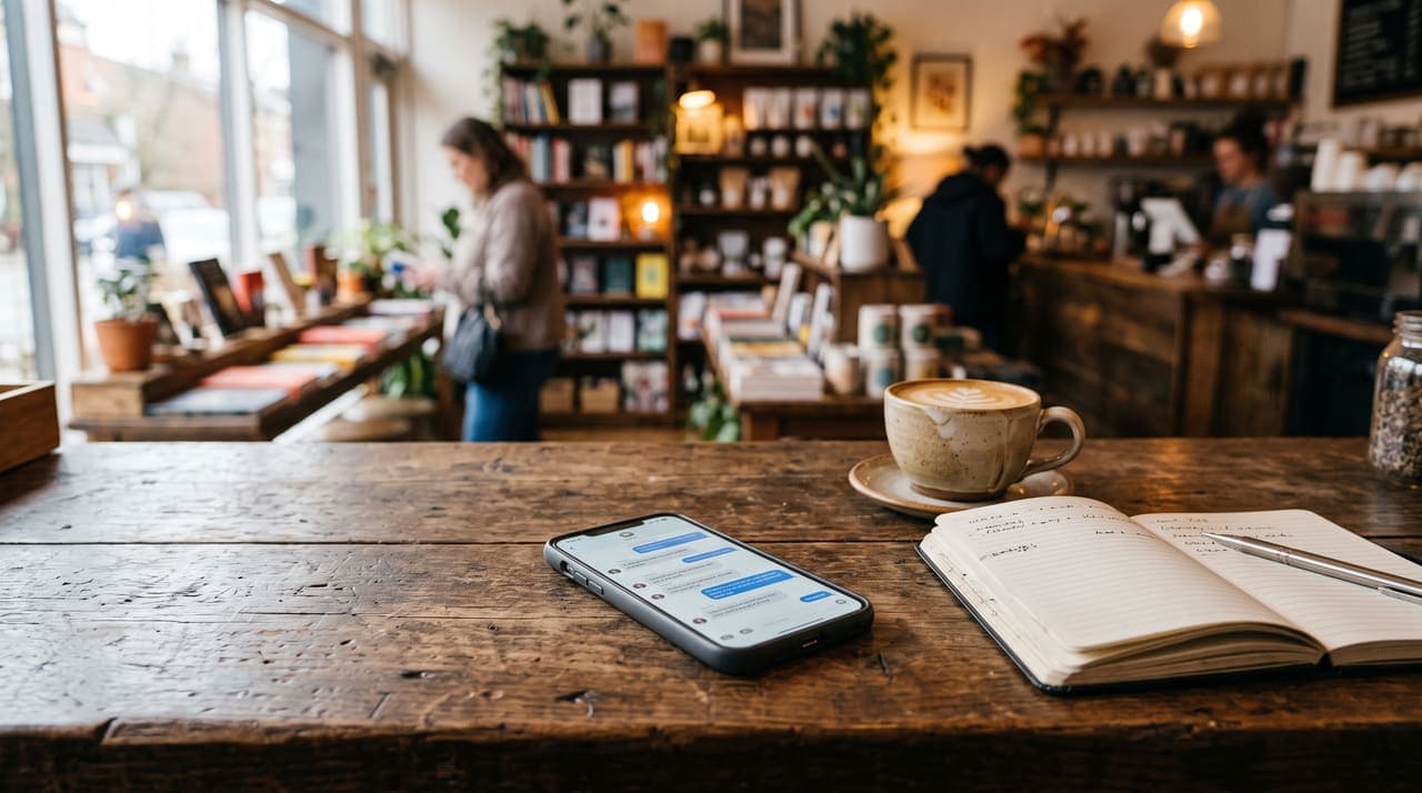 A phone on a shop counter showing a text conversation with a customer