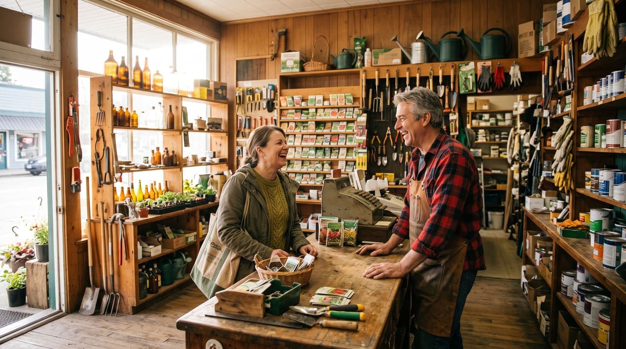 A shop owner laughing with a regular customer at the counter